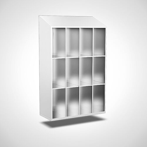 Wall-mounted compartment cupboard without doors made of stainless steel, 12 compartments with 300 mm compartment width, item no. 45.10.06.06