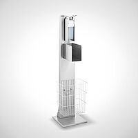Hygiene pillar for shopping trolleys consists of a disinfectant dispenser, paper towel rack with waste basket 