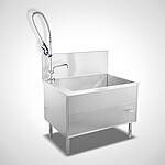 Sink unit cabinet with dish shower and eccentric drain valve operation control 