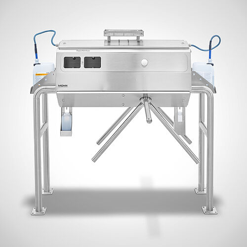 Double-lane hygiene station: Two-hand disinfection with turnstile Type Desi-Control 1200 DUO HIGHLINE with optionally document tray, item. no. 11.10.07.12 