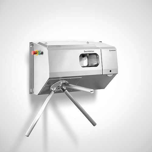 Wall-mounted disinfectant dispenser with drop-arm turnstile Type Desi-Control WR-Droparm-1 "Ecoline, pass-through direction from right to left, item no. 11.10.07.79 