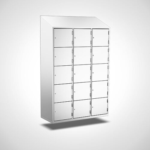 Wall-mounted compartment cupboard with doors made of stainless steel Type FS5-WH-VA-EU-G, 15 compartment with 400 mm compartment width, item no. 45.10.05.45 