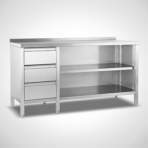 Arbeitsschrank aus Edelstahl mit Schubladenblock links Typ AS-OZ-SL 140-60, Art.-Nr. 22.00.09.54, mit hinterer Tischplattenaufkantung 