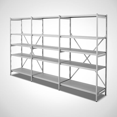 Modular aluminium shelf-system: Standard basic shelf with 2 extension shelf each of them with 4 closed compartment shelves 