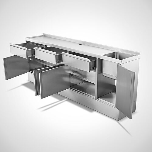 Stainless steel sink cabinet special design with drawers, hinged doors, 1 basin and baseboard, ID 21-63749.8 