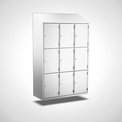 Wall-mounted compartment cupboard with doors made of stainless steel Type FS3-WH-VA-EU-G, 9 compartments with compartment width 400 mm, item no. 45.10.05.05 