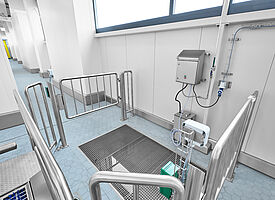 Material sluice within a personal hygiene station with magnetic railing gate solution 