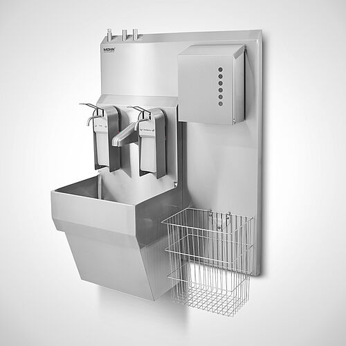 Hygiene wall for high risk areas with highline wash basin Type HW-HWB-HL-1, art. no. 11.00.00.37 with optional medium cover facing, art. no. 12.00.01.41, medium supply „Power“ and "water" from top, art. no. 12.00.01.37 resp. 12.00.01.38