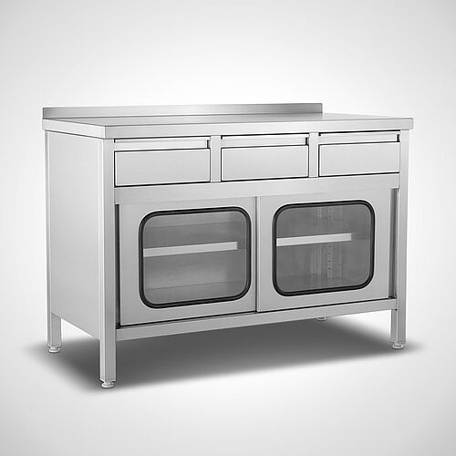 Stainless steel work cabinet with drawers underneath and sliding doors type AS-KS 140-60 Highline, art. no. 22.00.09.15, with rear upstand 