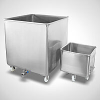 Kundenspezifischer Pökelbehälter Typ PB-1000 SON mit Hub-/Beschickungswagen Typ HBW-S 200 als Größenunterschied 
