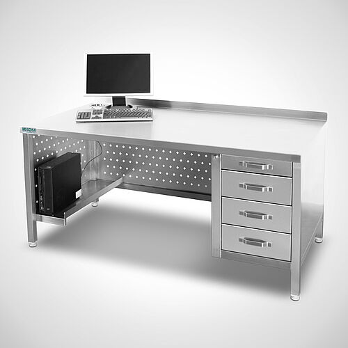 Schreibtisch Typ AT-U/STR mit hinterer Aufkantung sowie Schubladenstock rechts- und PC-Halterung linksseitig 