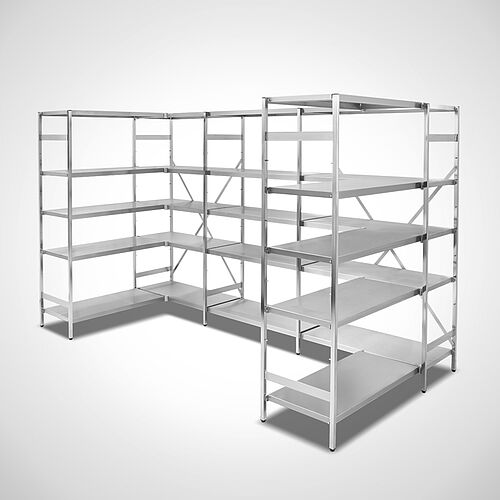 Modular shelf-system: Standard basic shelf with 4 extension shelf each of them with 5 closed compartment shelves in U-design 