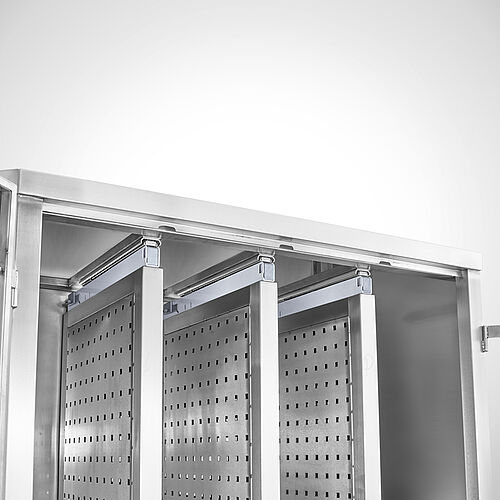 Vertikalauszugschrank aus Edelstahl Typ VSD-100-60, Detail Telekop-Vollauszüge 