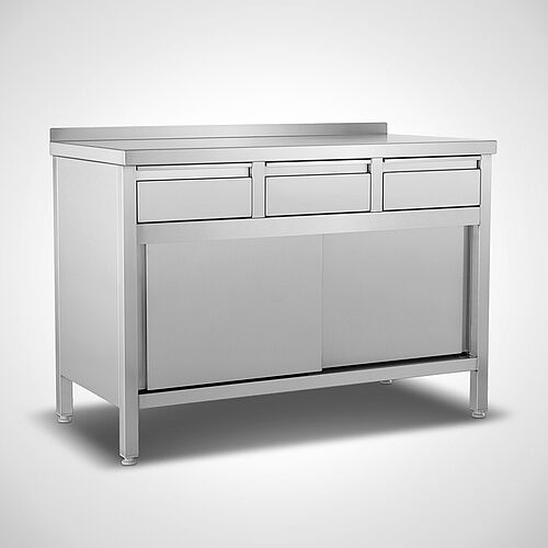 Stainless steel work cabinet with drawers underneath and sliding doors type AS-KS, with rear upstand 