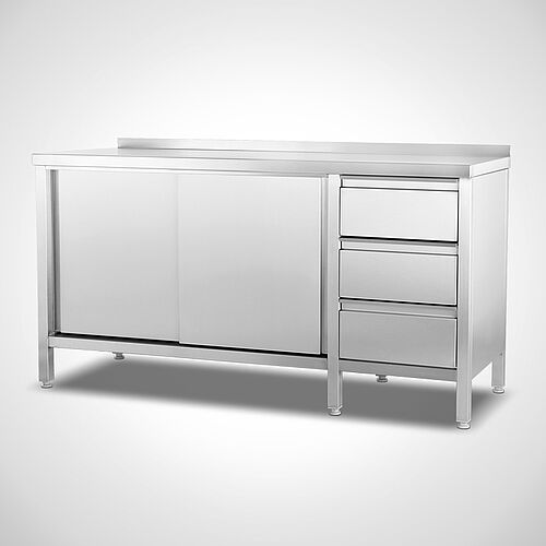 Stainless steel work cabinet with drawer unit right type AS-SZ-SR 160-60, art. no. 22.00.13.90, with rear worktop upstand 