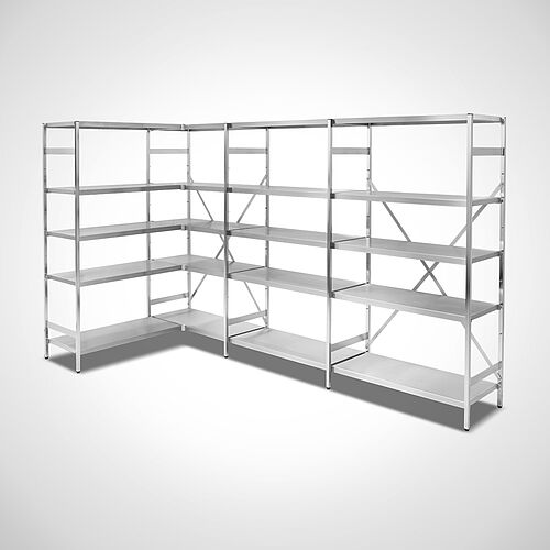 Modulares Regalsystem: Grundregal mit 3 Anbauregalen und je 4 Fachböden als Eckvariante 