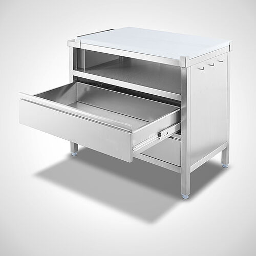 Drawer cabinet made of stainless steel with knife holder and plastic cutting plate (HDPE) Type K-SCS-SON 100-60, item no. 20.00.11.13 