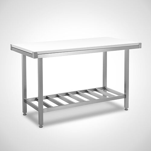 Universal work table made of stainless steel with support grid and white plastic cutting plate type UTFI-R