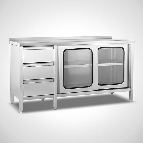 Stainless steel highline work cabinet with drawer unit left type AS-SZ-SL/H 160-60, art. no. 22.00.12.73, with rear worktop upstand 