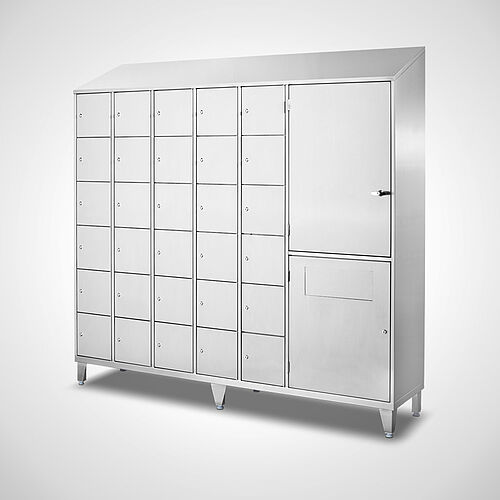 Compartment cupboard with storage compartments for disposable clothes made of stainless steel Type FS6-AF-VA-G-SON, ID 21-65441 