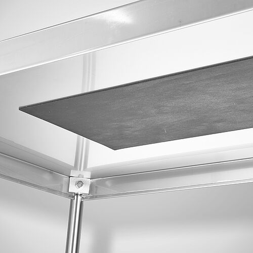 Noise impairding, anti-drone sheet below every moulded shelves 