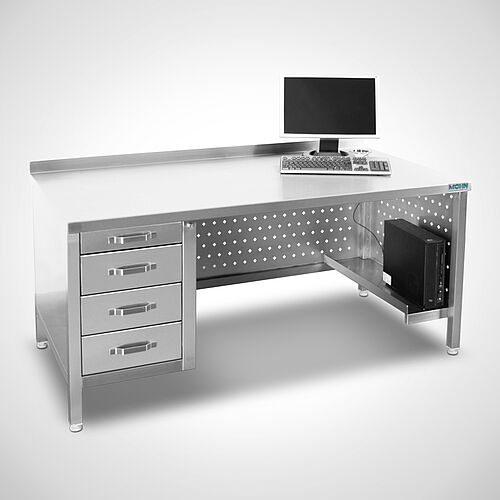 Schreibtisch Typ AT-U/ STL mit hinterer Aufkantung sowie Schubladenstock links- und PC-Halterung rechtsseitig 