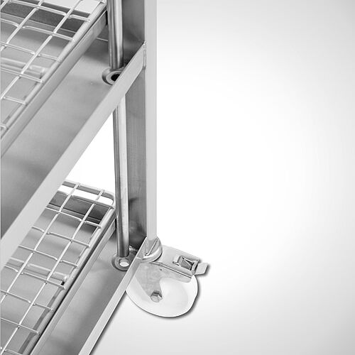 Detail: solidly welded grid frames with drip tray and drain
