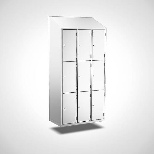Wall-mounted compartment cupboard with doors made of stainless steel Type FS3-WH-VA-EU-G, 9 compartments with compartment width 300 mm, item no. 45.10.05.04 