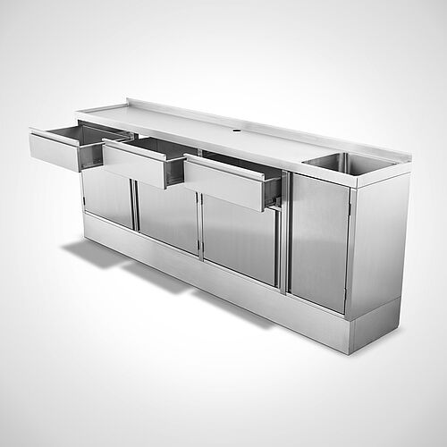 Stainless steel sink cabinet special design with drawers, hinged doors, 1 basin and baseboard, ID 21-63749.8 