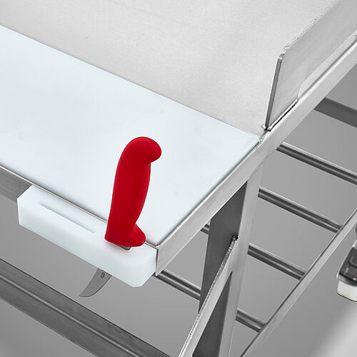 Mobile cutting table with HDPE-cutting plate Type SCH-T/F 120x100 SON, ID 21-61610, Detail: knife holder made of plastic (HDPE) 