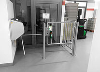 Hand disinfection device with turnstile type Desi-Control Ecoline with escape route railing gate (ID 21-62175) 