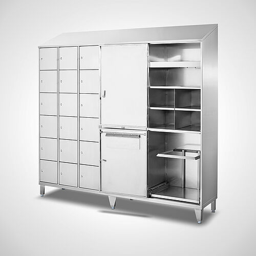Compartment cupboard with storage compartments for disposable clothes made of stainless steel Type FS6-AF-VA-G-SON, ID 21-65441 