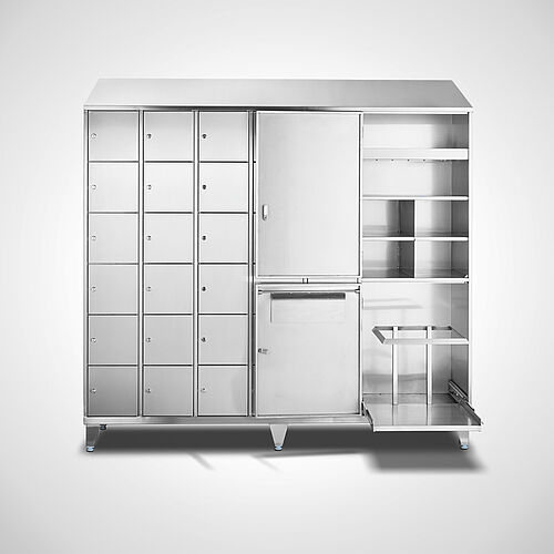 Compartment cupboard with storage compartments for disposable clothes made of stainless steel Type FS6-AF-VA-G-SON, ID 21-65441 
