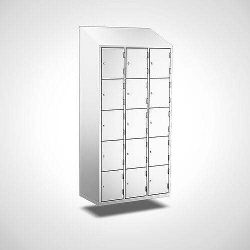 Wall-mounted compartment cupboard with doors made of stainless steel Type FS5-WH-VA-EU-G, 15 compartment with 300 mm compartment width, item no. 45.10.05.44 