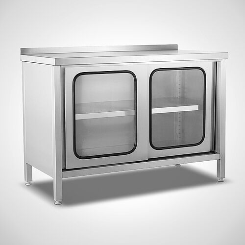 Stainless steel highline work cabinet with sliding doors type AS-SZ/H 120-60, art. no. 22.00.07.18, with rear worktop upstand 