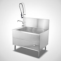 Sink cabinet with dish shower and drain valve opration control