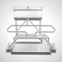 Pass-through sole cleaning machine Type Sole-Star-1500-R-Highline with electrical turnstile Type DK-E-1200-Highline 