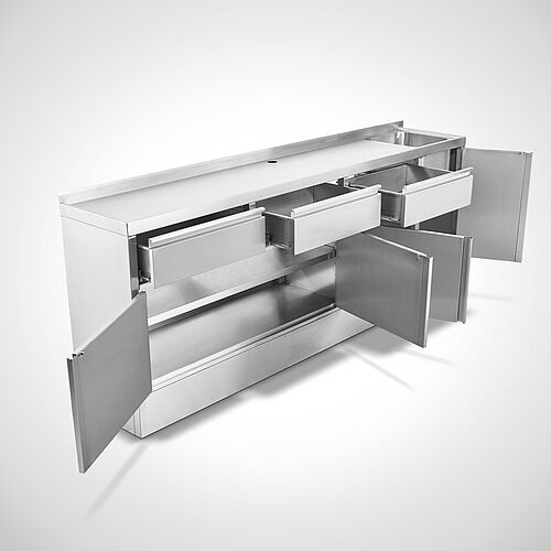 Stainless steel sink cabinet special design with drawers, hinged doors, 1 basin and baseboard, ID 21-63749.8 