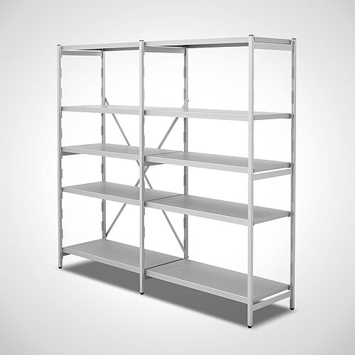 Modular aluminium shelf-system: Standard basic shelf with 1 extension shelf each of them with 4 closed compartment shelves 