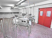 Entrance area hygiene station: 2-hand soap dispenser with turnstile in combination with railing and chicane 