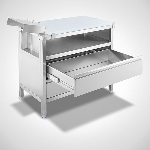 Drawer cabinet made of stainless steel with knife holder and plastic cutting plate (HDPE) Type K-SCS-SON 100-60, item no. 20.00.11.13 