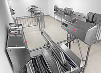 2-lane force-guided personal hygiene station for hand disinfection and sole cleaning before entrance into the production 