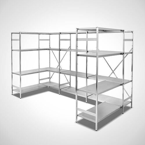Modular shelf-system: Standard basic shelf with 4 extension shelf each of them with 4 closed compartment shelves in U-design 