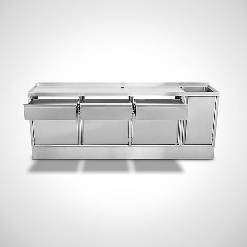 Stainless steel sink cabinet special design with drawers, hinged doors, 1 basin and baseboard, ID 21-63749.8 