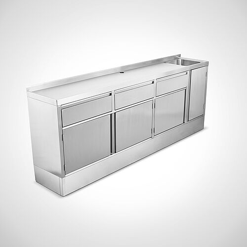 Stainless steel sink cabinet special design with drawers, hinged doors, 1 basin and baseboard, ID 21-63749.8 