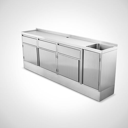 Stainless steel sink cabinet special design with drawers, hinged doors, 1 basin and baseboard, ID 21-63749.8 