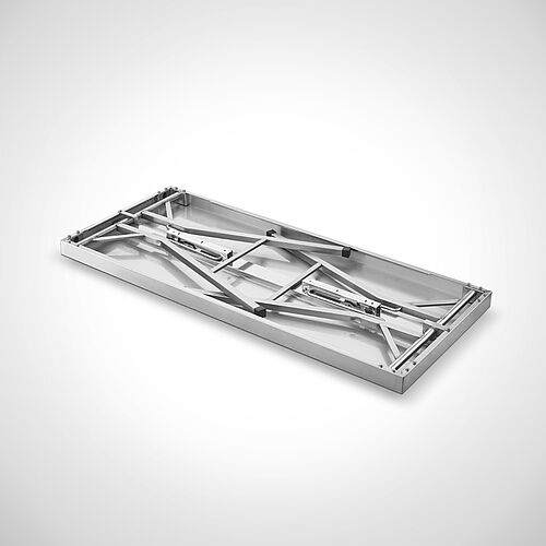 Edelstahl-Klapptisch Typ KT-140/60, Detail Unterseite, Standfüße eingeklappt 
