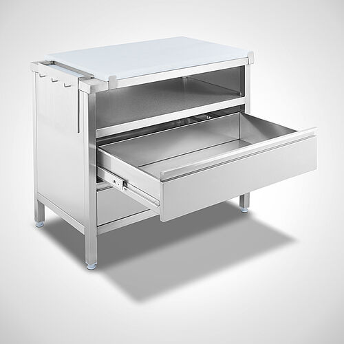 Drawer cabinet made of stainless steel with knife holder and plastic cutting plate (HDPE) Type K-SCS-SON 100-60, item no. 20.00.11.13 