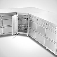 Edelstahl-Eckschrank mit Schubladenschrankkombination