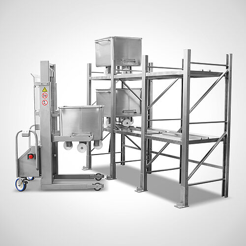 Shelf system consisting of 1 basic shelf and 2 add-on shelves, each with 2 shelves for 9 standard trolleys, item no. 99.10.01.94 + 99.10.01.95 